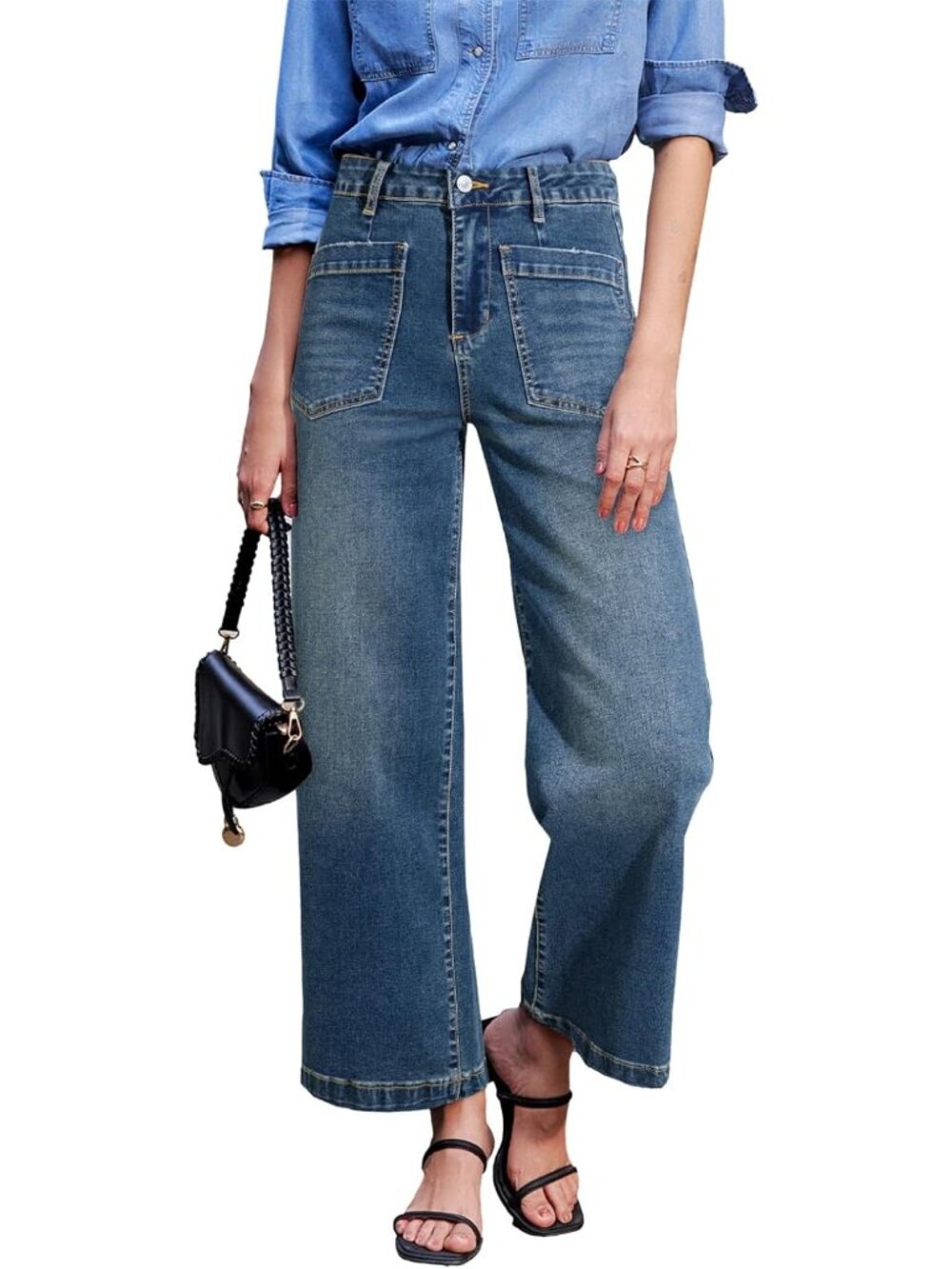 Women's Blue Wide Leg Jeans High Waisted Stretchy Stylish Ankle Denim Pant